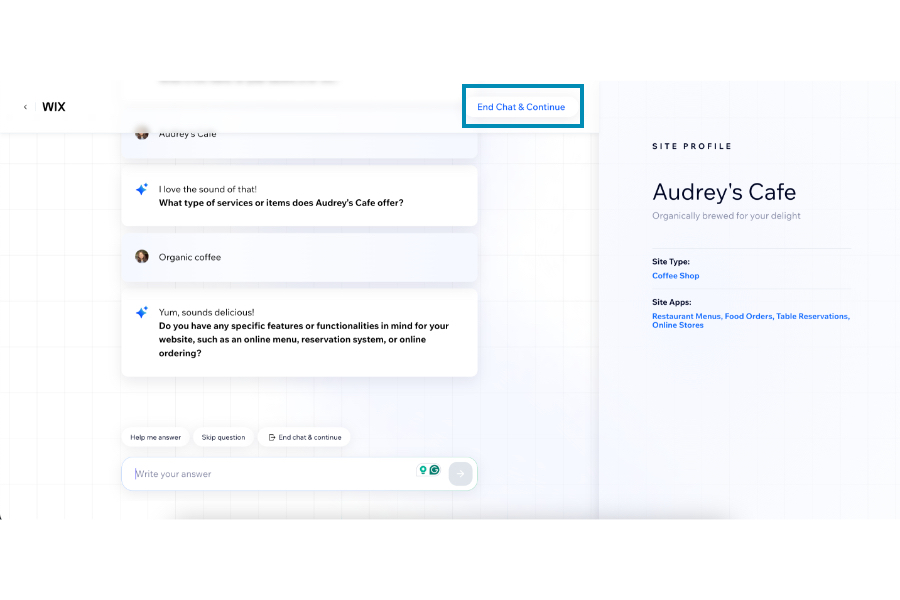 The "End Chat & Continue" button in Wix's AI chatbot.