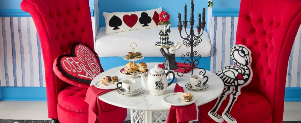 Michaels’ Mad-Hatter-Ween collection Alice's Adventures harlequin motif tea party