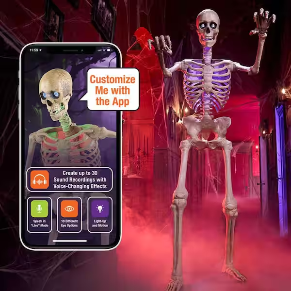 Home Depot’s Ultra Skelly animatronic skeleton with app customization features, including voice effects, eye animations, and motion controls.