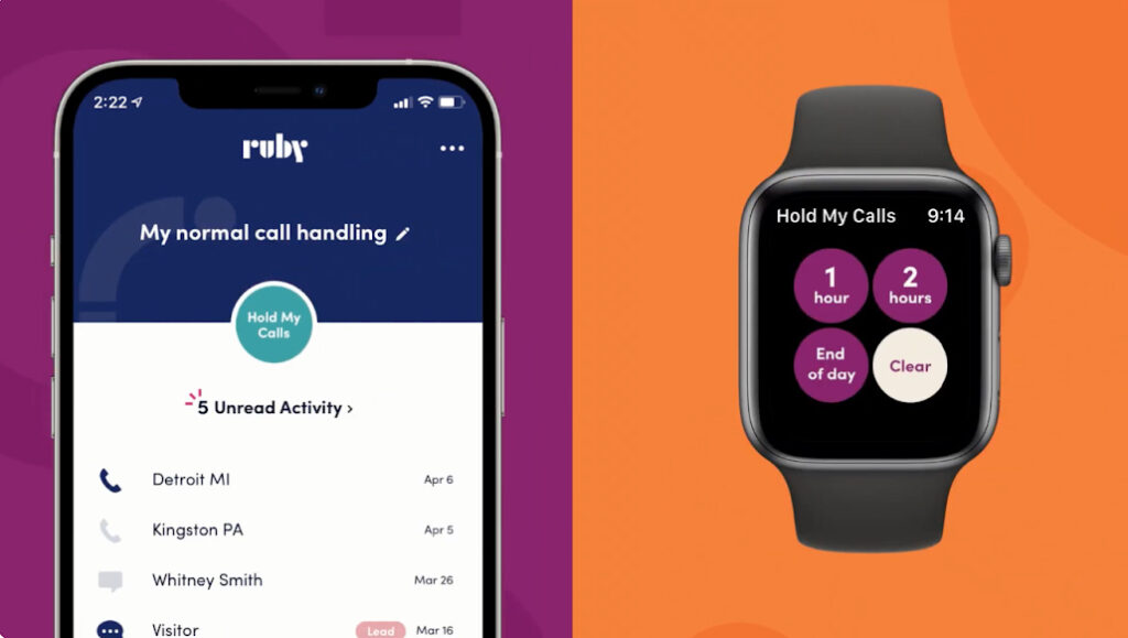 A smartphone screen and a smartwatch displaying the Ruby app.