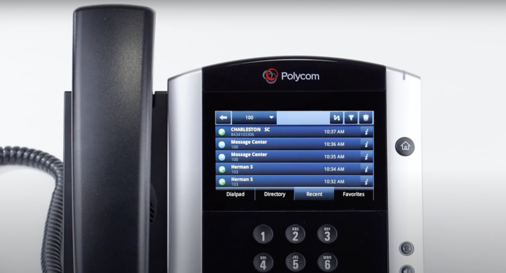 A close-up photo of the Poly desk phone showing the call directory.