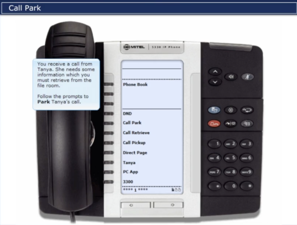 A Mitel desk phone showing the menu on the display screen and a text box about using the call park feature.