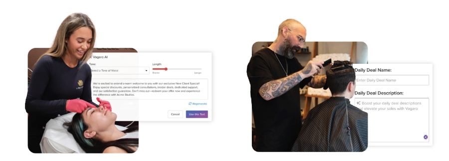Vagaro AI generating compelling descriptions for deals and promotions with salon workers serving customers.
