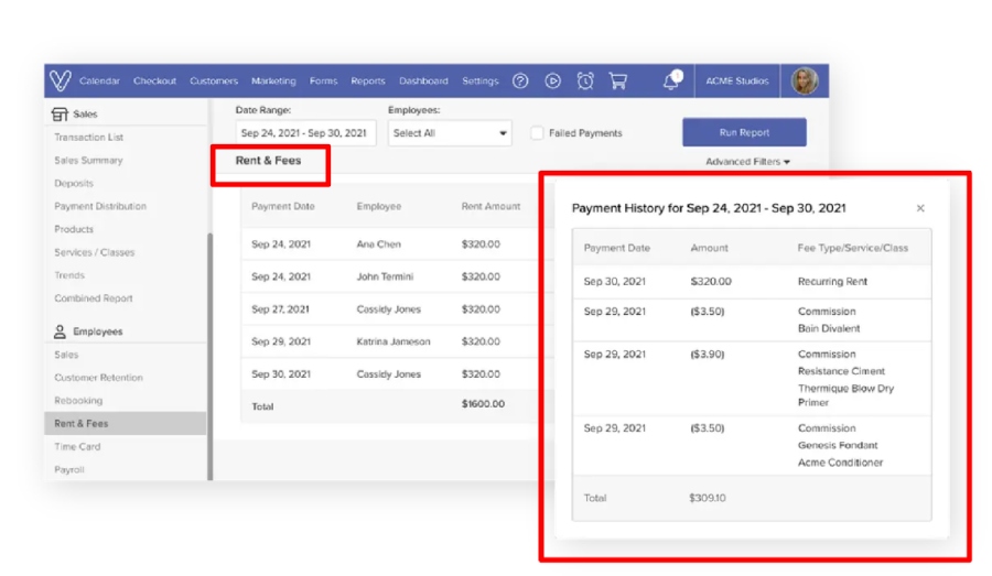 Vagaro's rental report with detailed amounts of fees and payment history details.