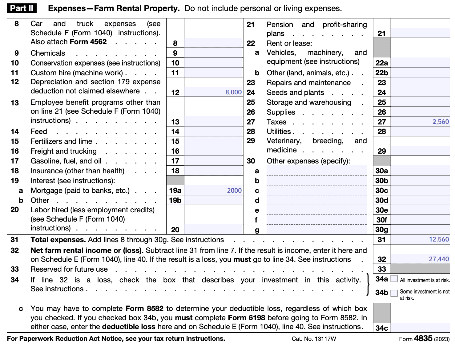 Sample Input for Form 4835, Part II