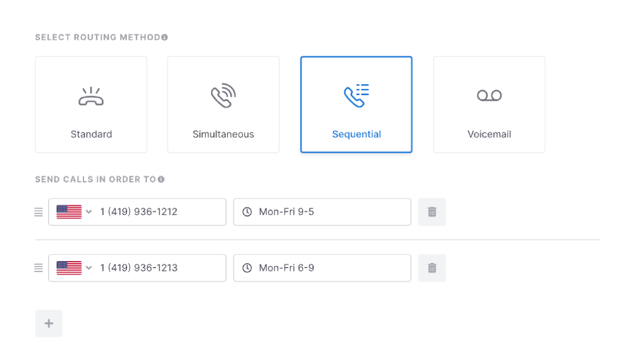 800.com's configuration settings for different routing methods: standard, simultaneous, sequential, and voicemail options.