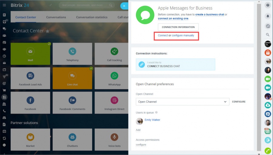 Bitrix24 connecting to Apple Messages for Business from its omnichannel Contact Center.