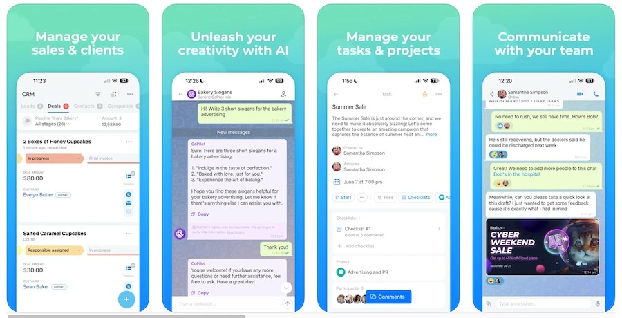 Several iPhone devices showing Bitrix24 iOS app's key features, including deal management, generative AI, task and project management, and team chat.