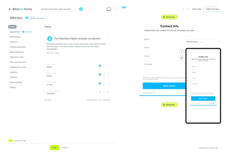 Bitrix24 web form builder showing the field section to create a pre-filled form for requesting contact information.