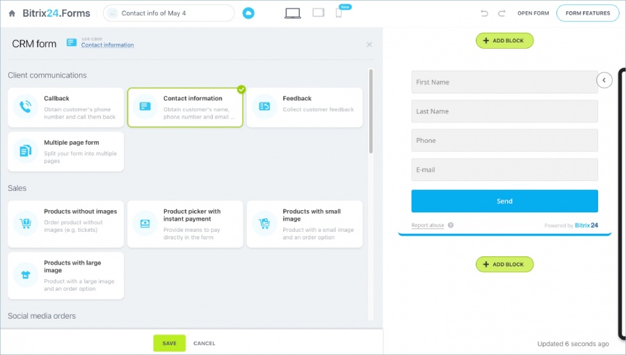 Bitrix24 workspace showing design options for creating CRM forms.