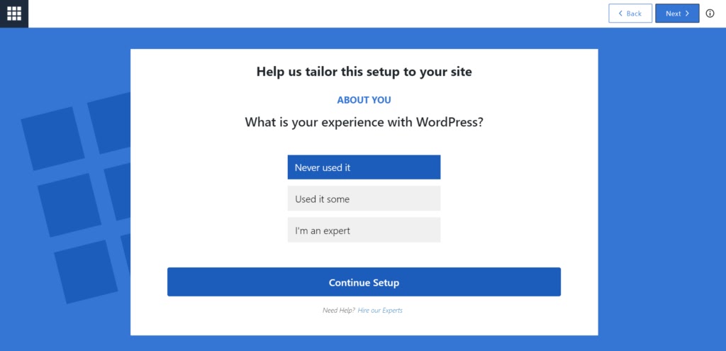 Bluehost WonderSuite AI building tool starting prompt asking the user’s WordPress experience level to continue setup.