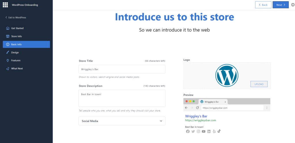 Bluehost WonderSuite AI onboarding tool asks “Introduce us to this store” for user prompts on store title, description, and logo to get started generating the site.