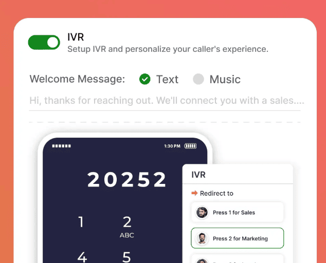 Callhippo IVR settings with mobile phone screen directing calls to specific extension numbers.