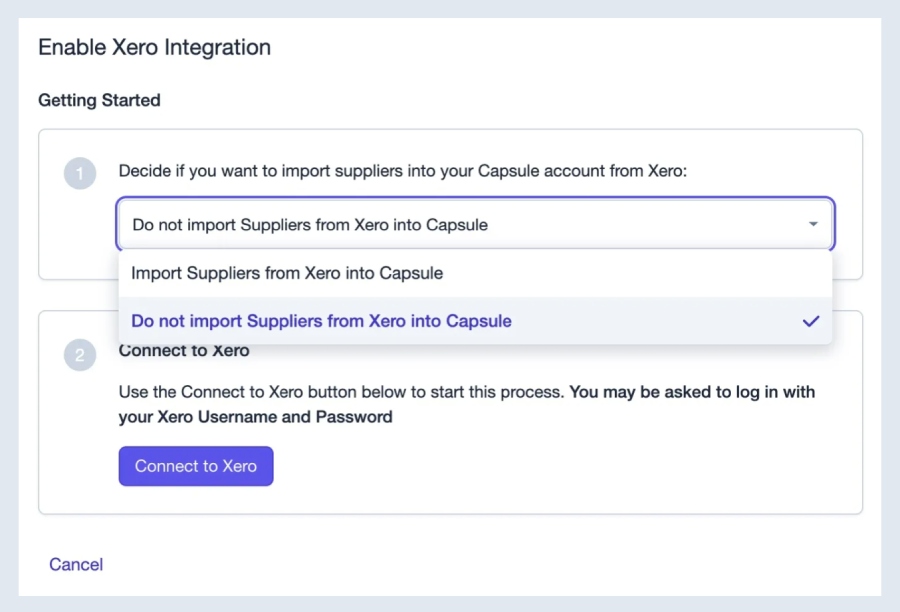 Capsule CRM's enable Xero integration options to get started managing supplier invoices.