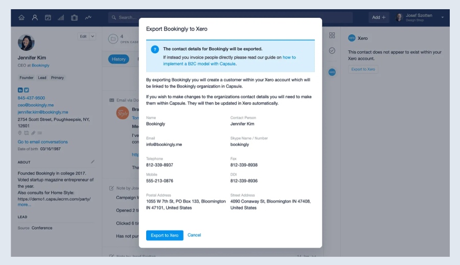 Capsule CRM's export pop-up message with a button to click on to export an account's data to Xero.