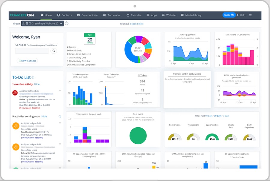 Complete CRM's customizable home dashboard with all features and widgets, including tabs for contacts, communication, automation, and calendar.