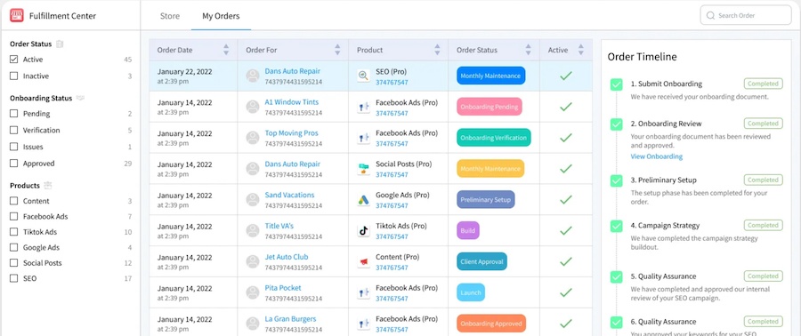 DashClicks white label fulfillment solution for marketing agencies with list of service orders and order timeline.