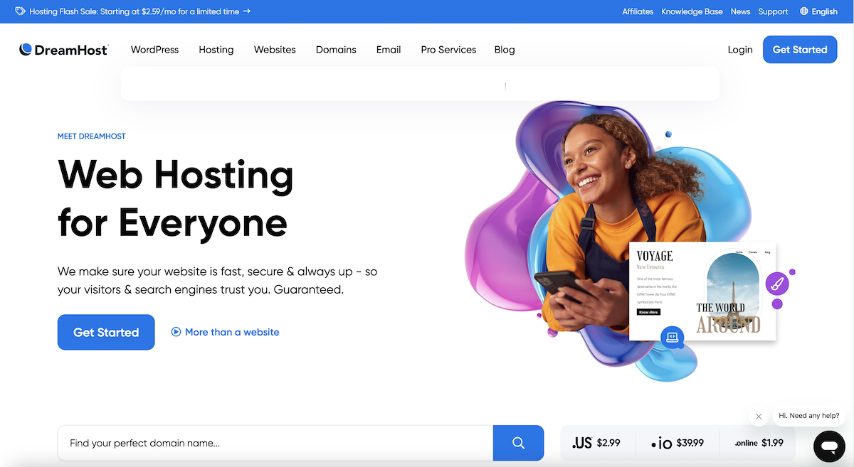 DreamHost homepage "Web Hosting for Everyone" with hero image of smiling young black teenage girl with a smartphone.