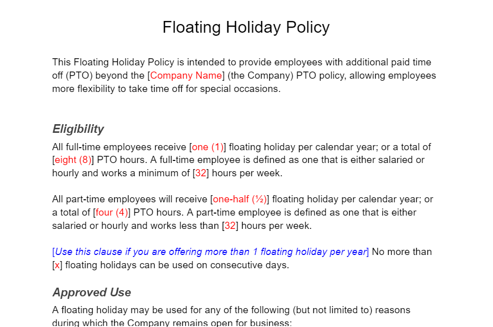 Floating Holiday Policy Template Screenshot