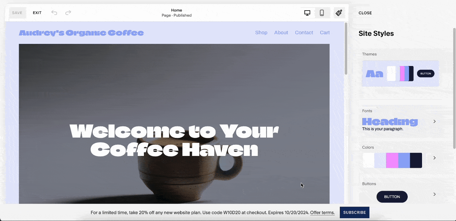 Squarespace's website editor with different customization features like fonts and colors.