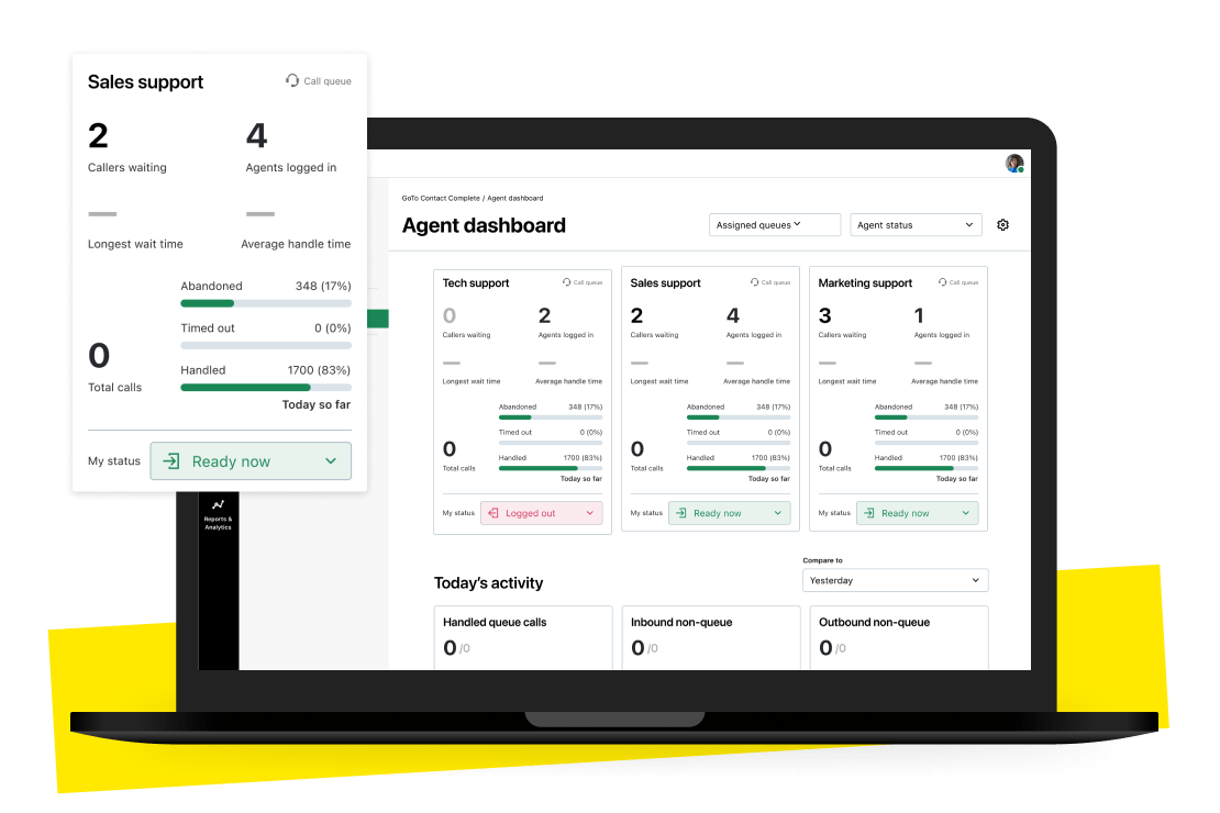 GoTo Connect's agent dashboard from a laptop screen and highlighting call queue status