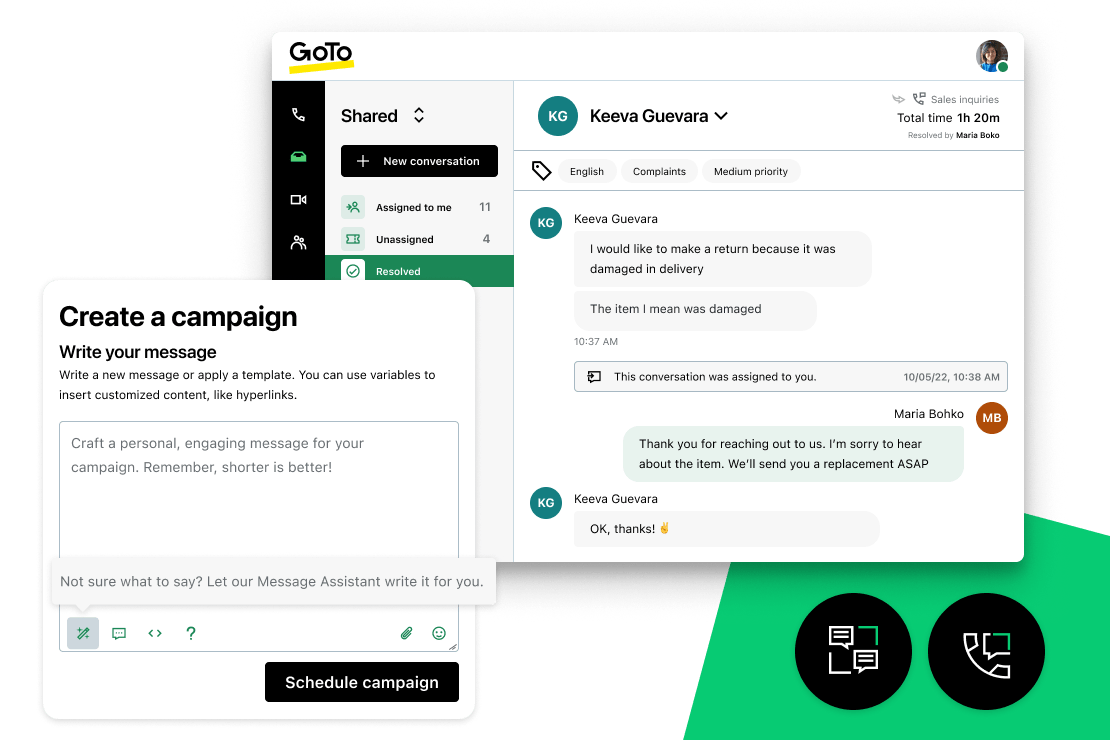 GoTo Connect dashboard highlighting the campaign scheduling features.