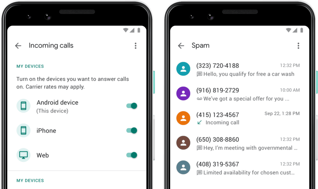 Two mobile phone screens featuring Google Voice folders for incoming calls and spam messages.