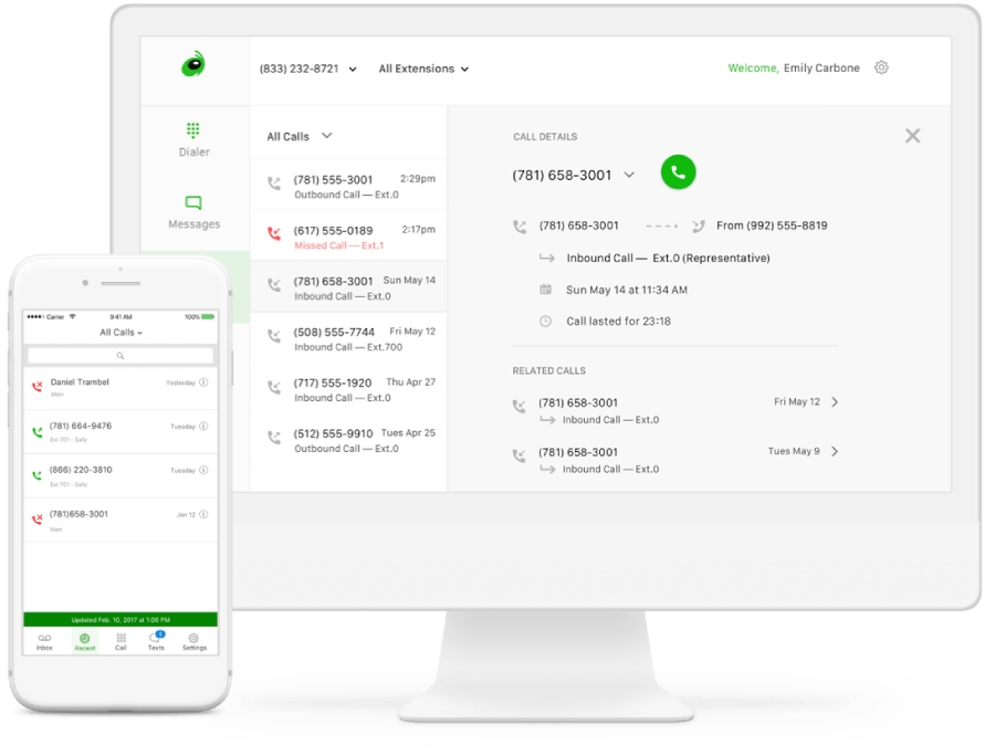 Mobile and desktop view of call details using Grasshopper's Call Reporting feature.