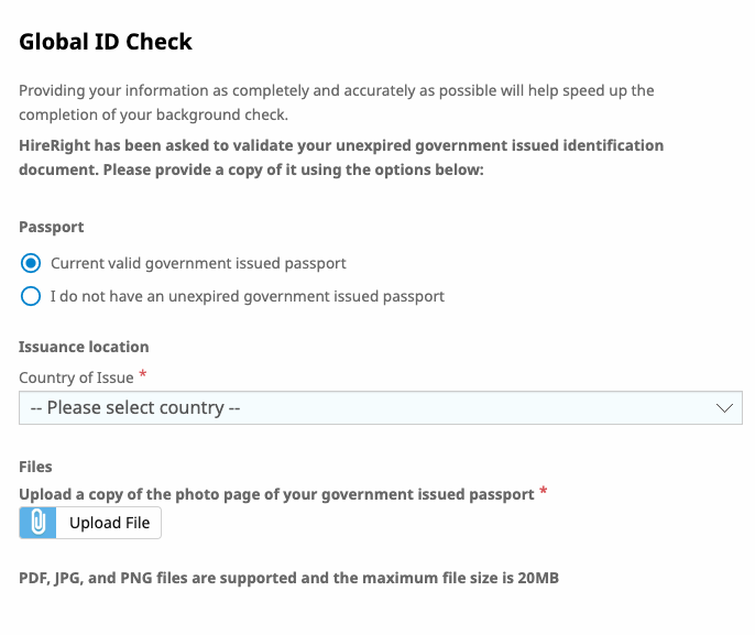 global ID check form with drop down for country of issue