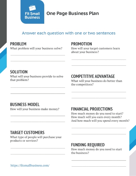 One Page Business Plan Template.