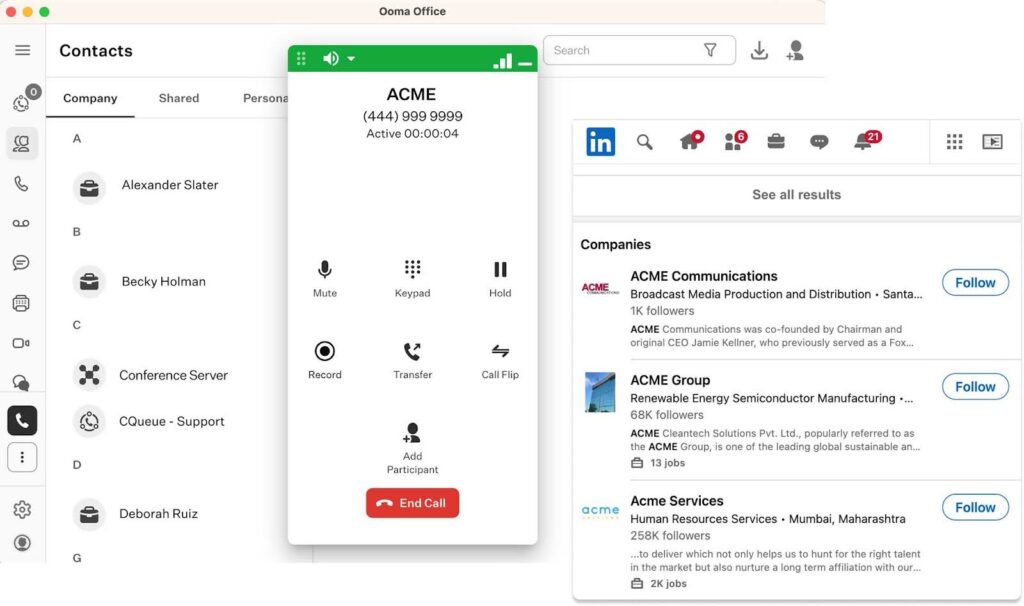 Ooma Office desktop interface with an active call screen and caller info match results from LinkedIn.