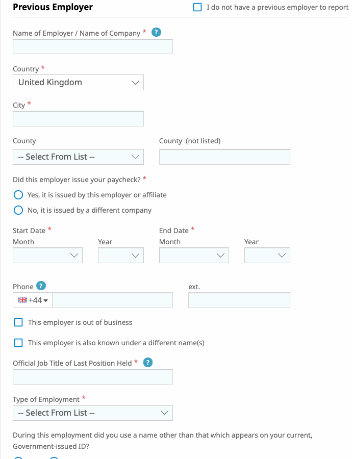 fillable form to enter job history information, with required fields