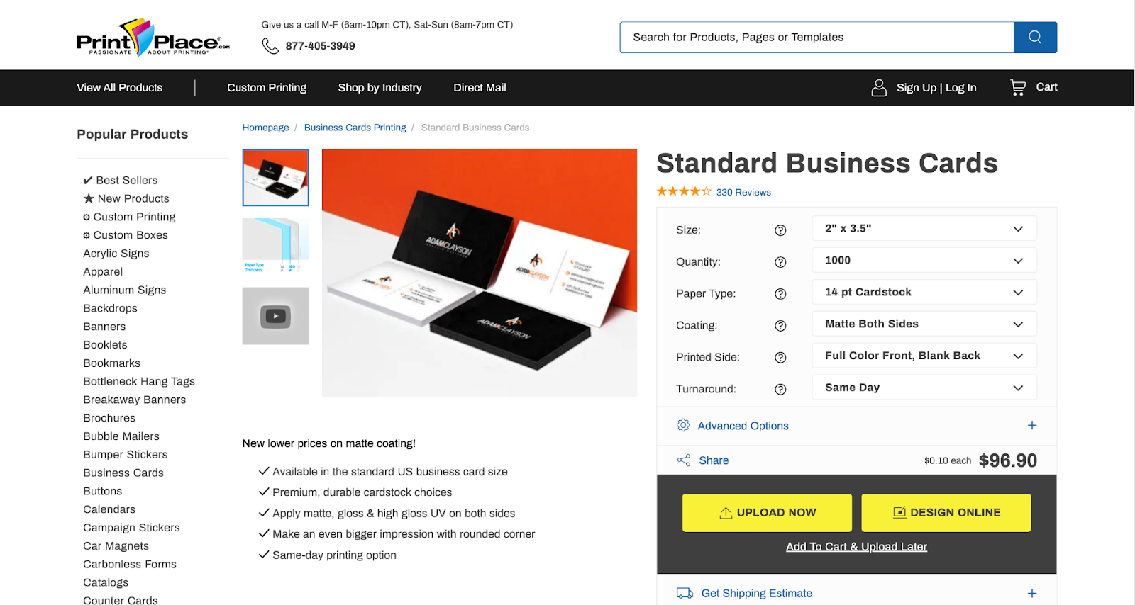 The business cards page of PrintPlace's website.