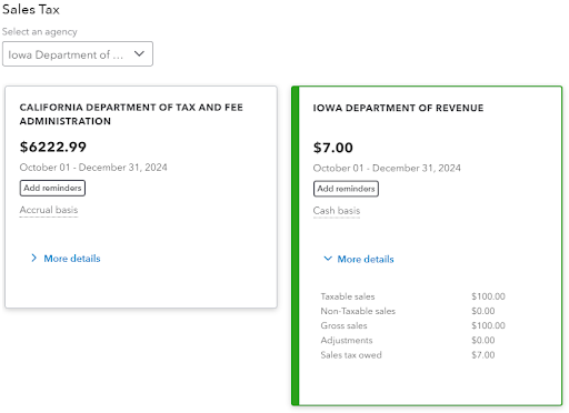 Screenshot from QuickBooks showing $7 of Iowa sales tax collected on $100 of taxable sales.