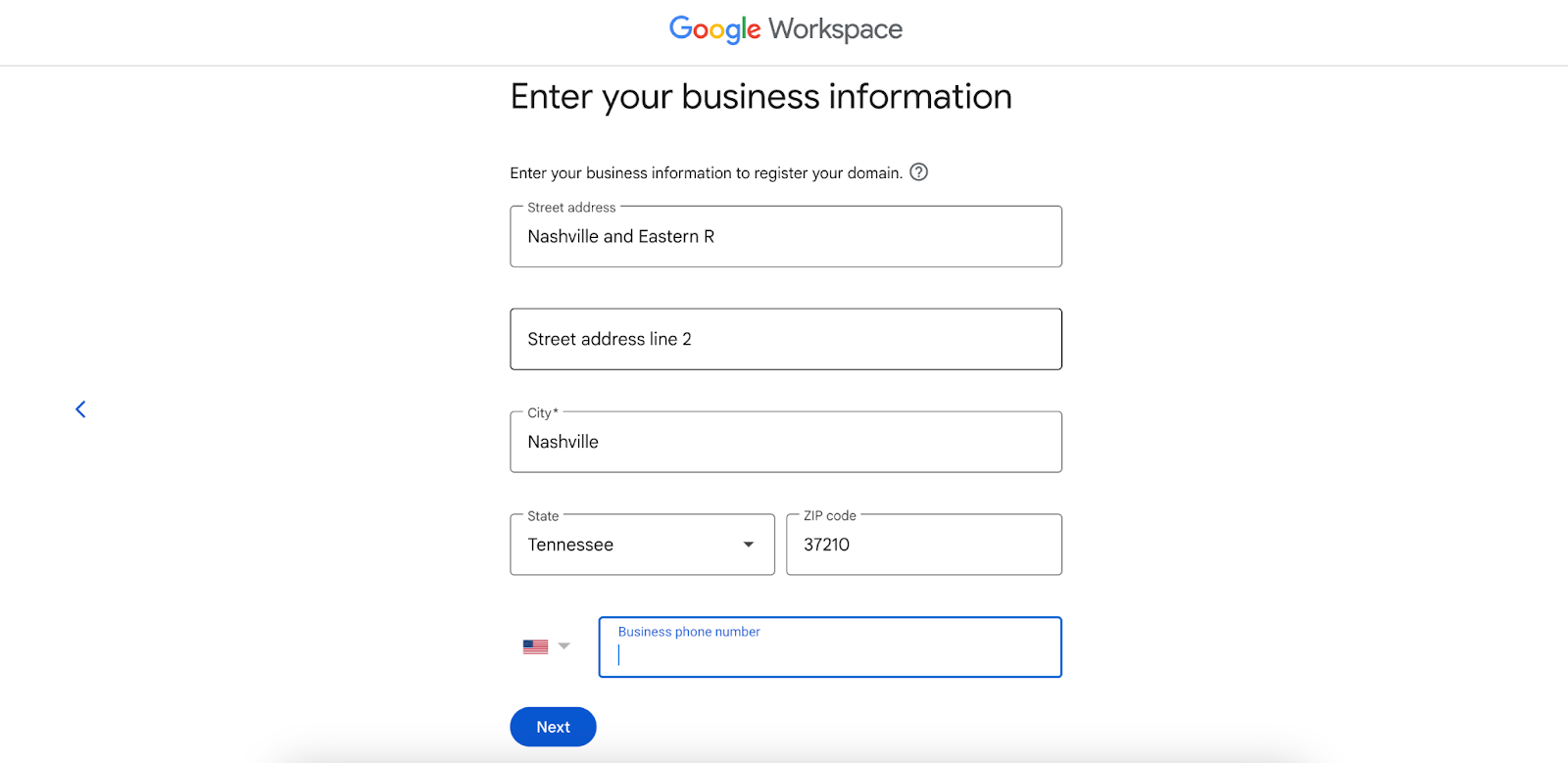 Google Workspace's prompt to enter your business information to register a new domain.