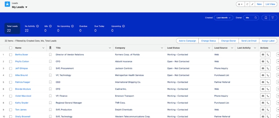 Salesforce’s My Leads dashboard showing a list of leads and a rep's lead management metrics like total leads in a tabular format.