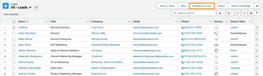 Salesforce’s All Leads dashboard showing lead information and reps assigned in a table format.