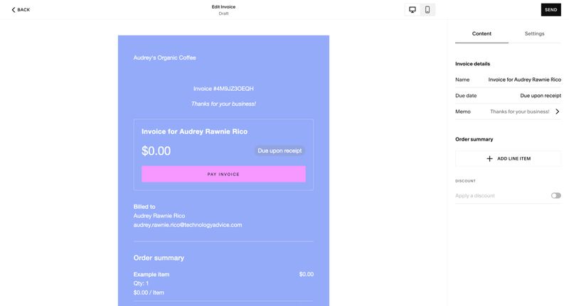 A sample invoice generated by Squarespace customized with brand colors.