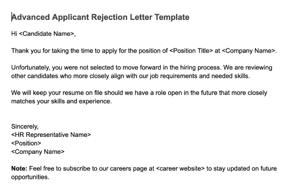 A template for an Advanced Applicant Rejection Letter.