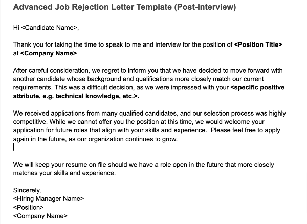 A template for Advanced Post-Interview Rejection Letter