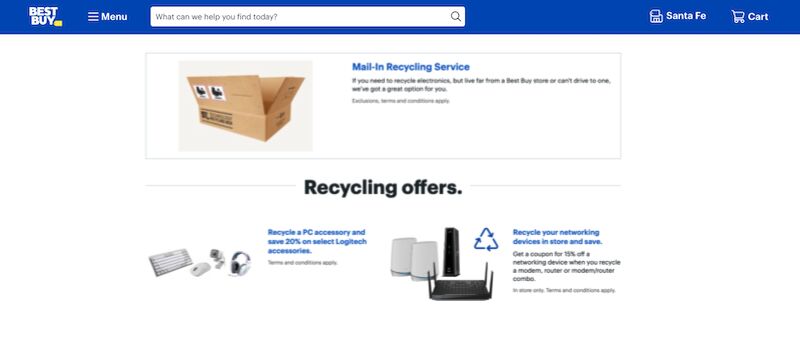 Best Buy Recycling Trade-in Offers featuring a 20% off select computer accessories and 10% off networking products. Also shows mail in recycling service.