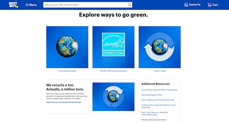 Best Buy website showing their various environmental initiatives including recycling, trade-ins and additional resources.