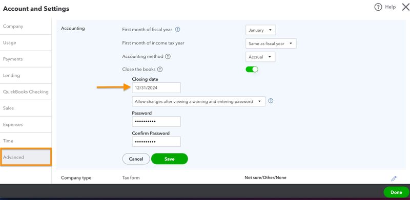 Screen where you can close books in QuickBooks Online