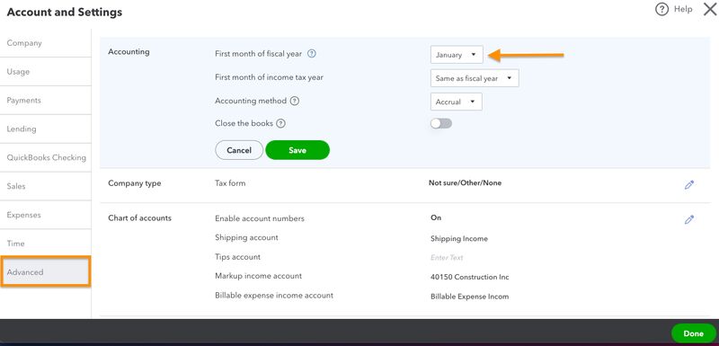 Screen where you can see and update the first month of fiscal year in QuickBooks Online