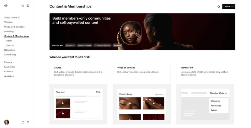 The Content & Memberships section inside the Squarespace editor with options to set up courses, video on demand, or member sites.