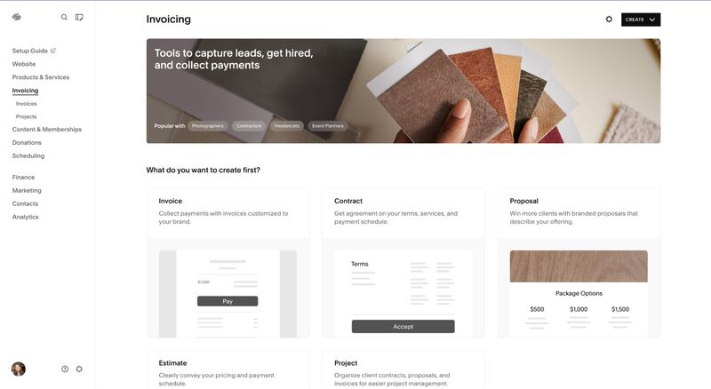 The Invoicing section of the Squarespace editor with options to create invoices, contracts, proposals, estimates, and projects.