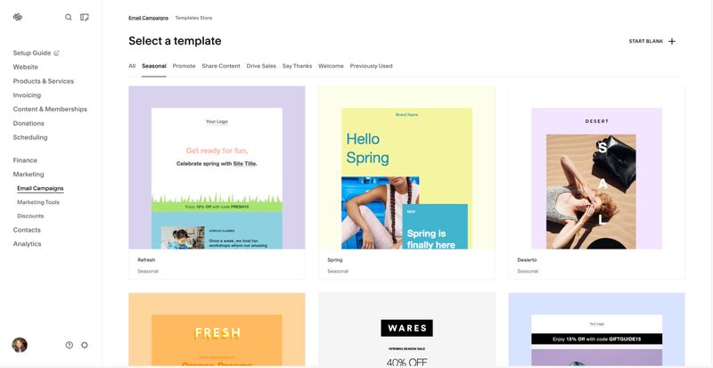 Various email templates designed by Squarespace, including season emails and sales announcements.