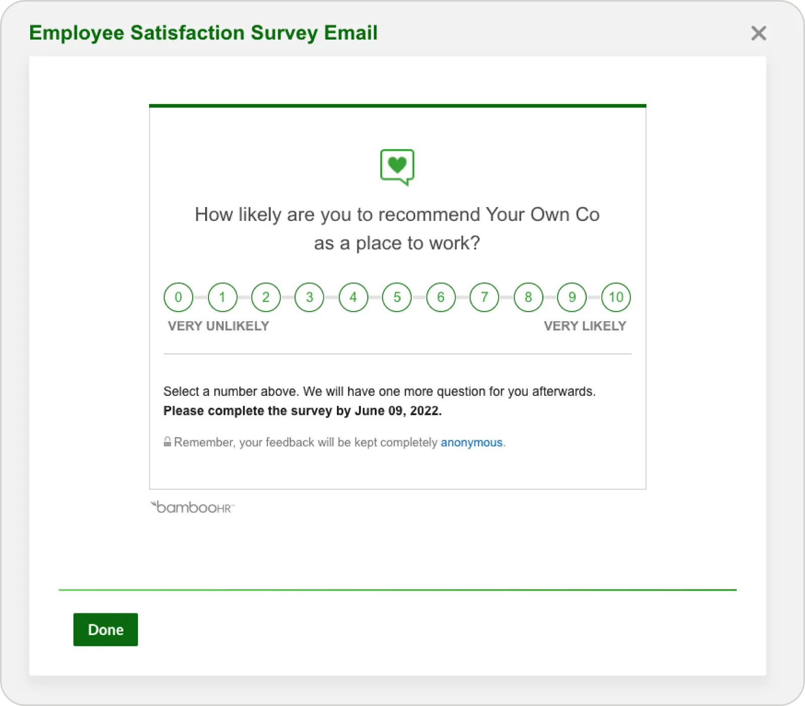 An employee engagement survey tool with a question at the top, a scale of 0-10 answer options below it, and instructions on how to respond to the survey before moving to the next question.