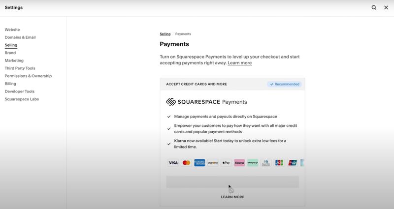 The Payments section under the "Selling tab" in Squarespace with the option to set up payment methods.