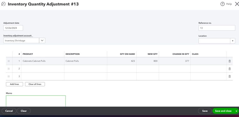 Screen where you can record inventory quantity adjustment in QuickBooks Online
